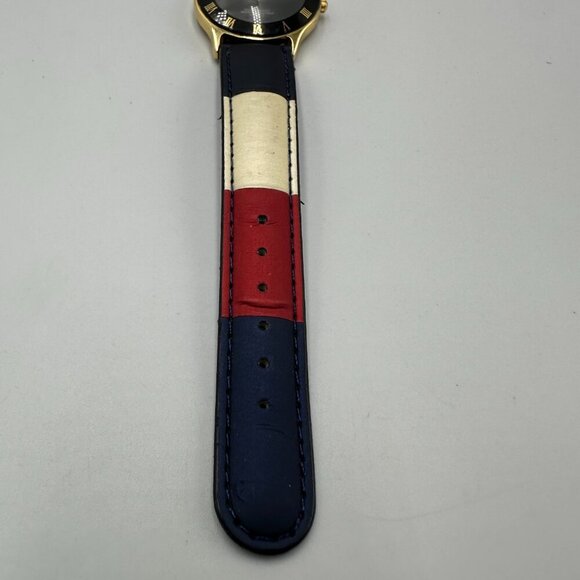 Vintage Tommy Hilifiger Watch Men Black Dial Striped Leather Band Y2K Works 9" - Picture 3 of 12